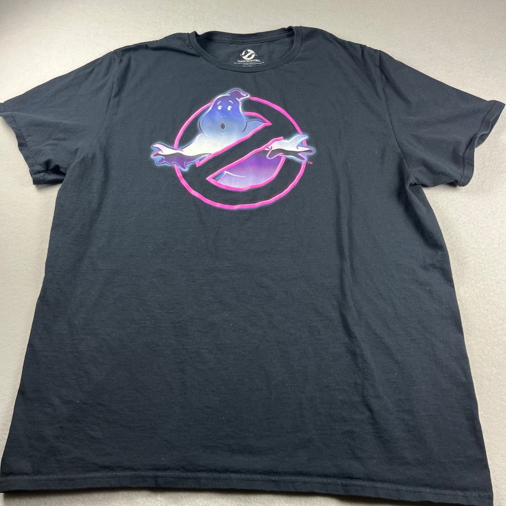 Ghostbusters Mens XL Neon Logo Graphic T-Shirt Black Mad Engine Movie Tee 0107